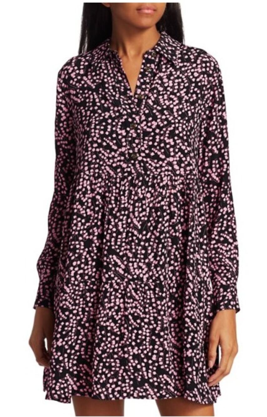GANNI Floral Mini Shirt Dress Size Black Pink Long Sleeve Size 6 Swingy $285